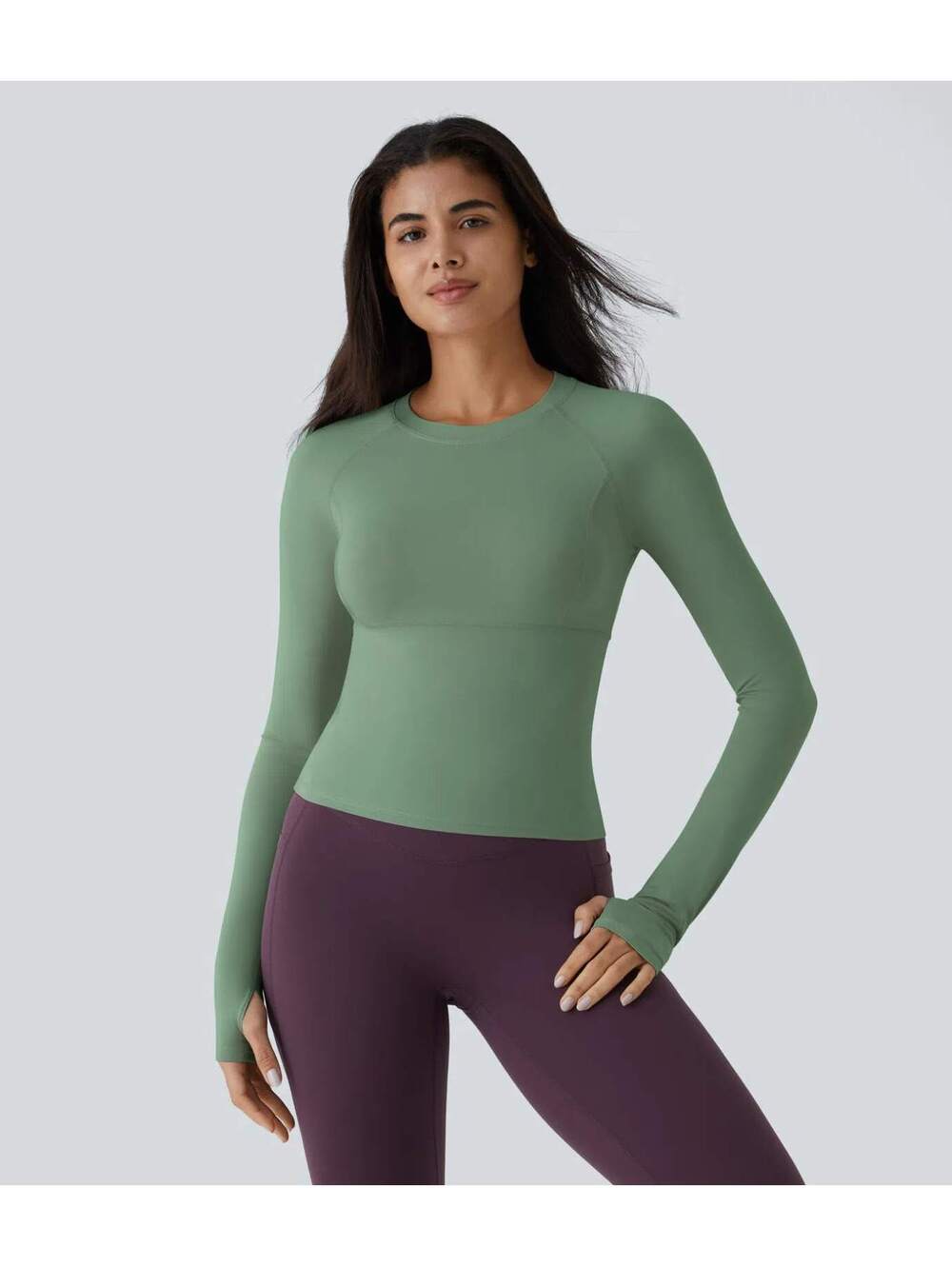 Halara Solid Thumb Hole Yoga Sports Top Green Size Medium Long